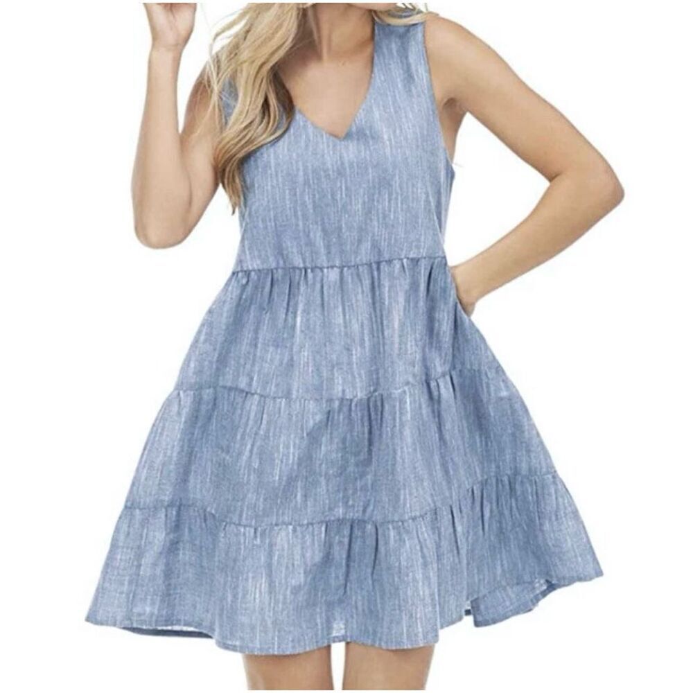 Mud Pie Women’s Blue Chambray Sleeveless Tiered Dress Size Large NEW